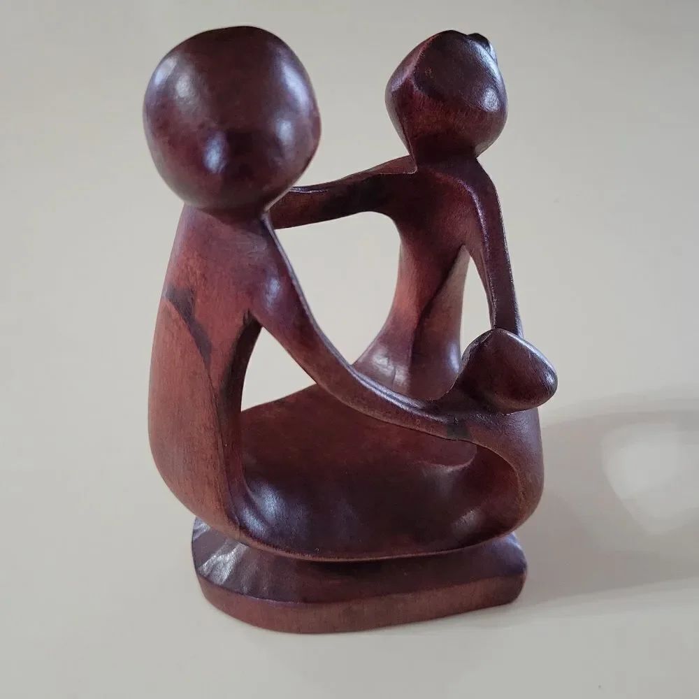 Handcrafted Wooden Mother Father Child Sculpture